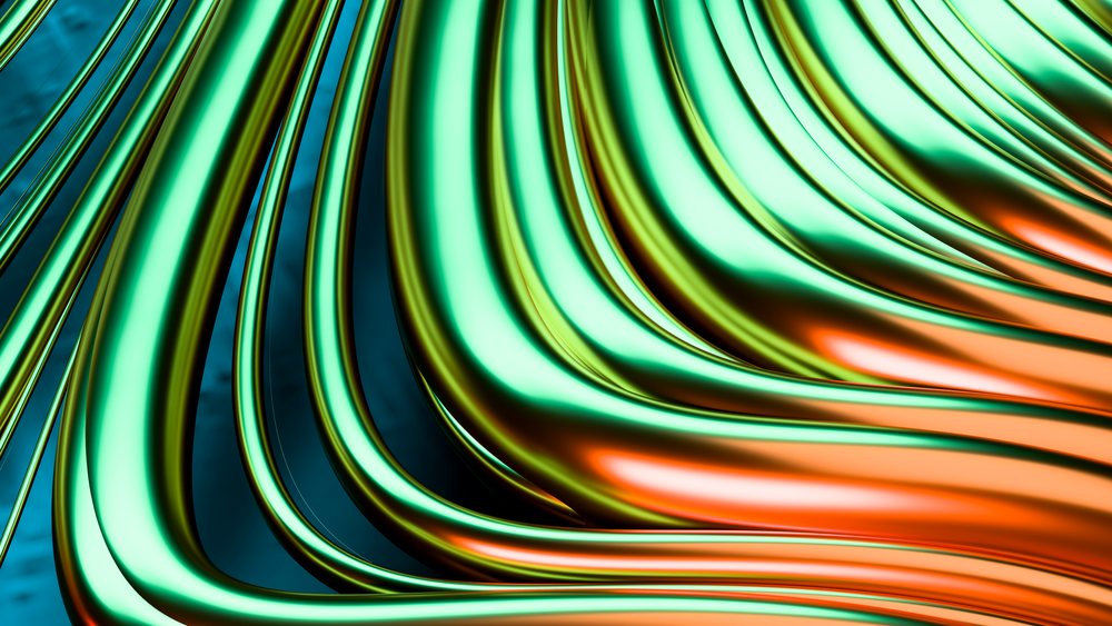 Abstract illustration featuring shiny metallic curved lines with green and orange highlights forming a flowing wave pattern.
