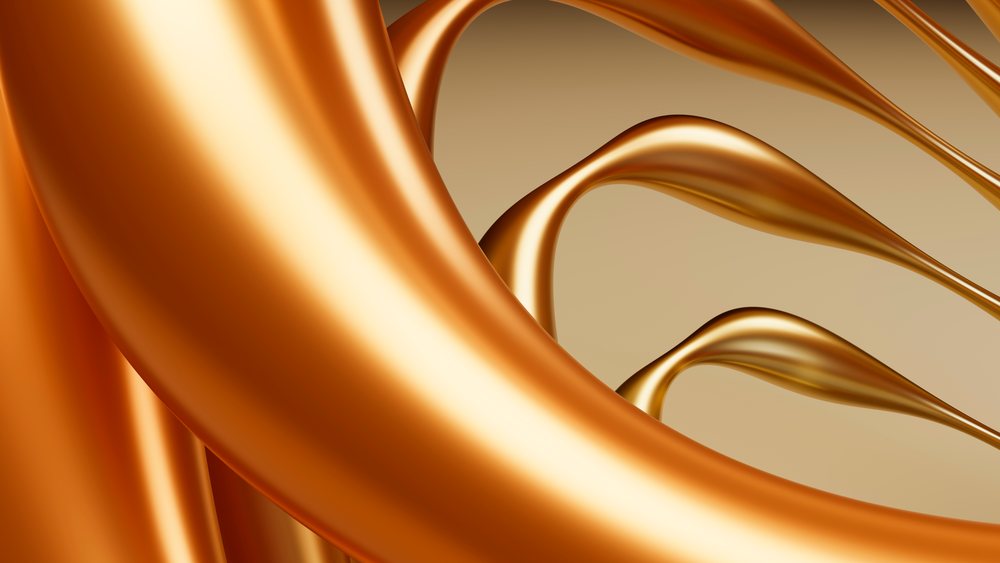 Abstract smooth golden curves with flowing metallic design and glossy reflections on a neutral beige background.
