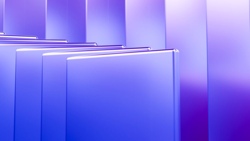 Blue translucent glass panels with shiny edges arranged diagonally against a gradient purple background in a modern abstract 3D illustration.