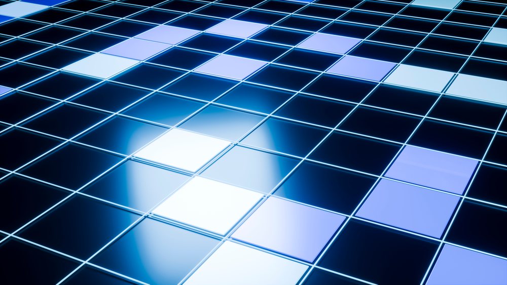 Abstract digital illustration of a glowing blue and purple grid of squares with a technology theme.
