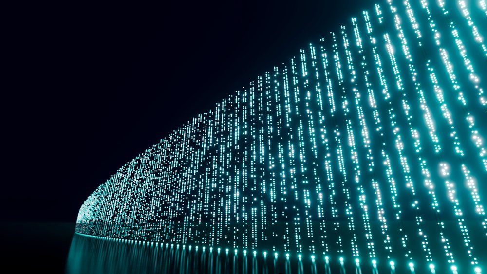 Blue glowing digital light dots form an abstract repeating pattern on a curved surface with reflections on a dark background.