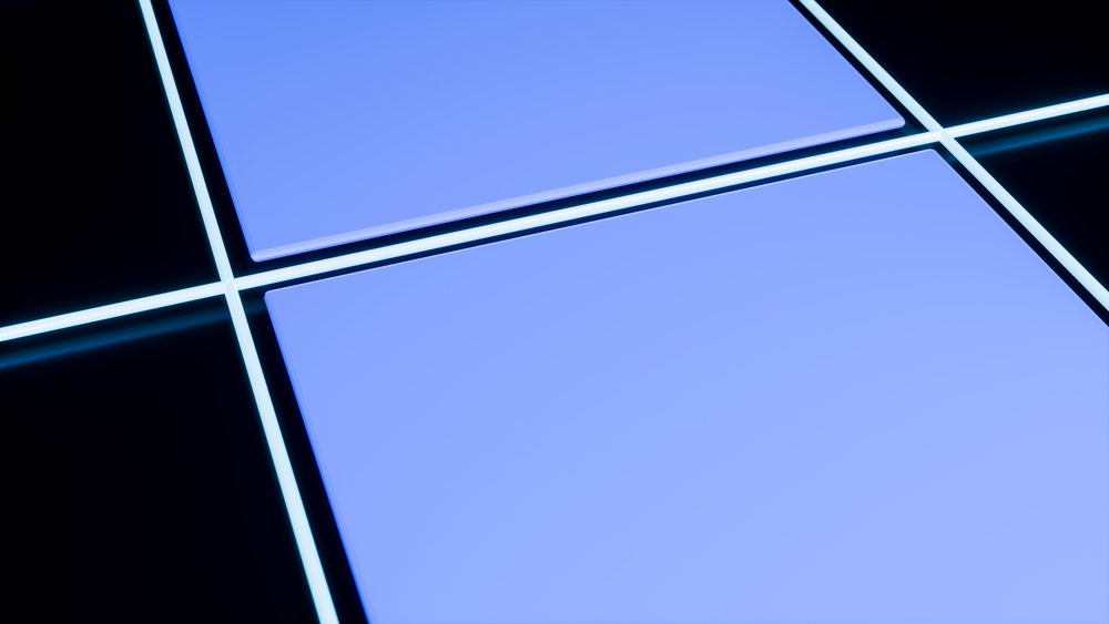 Blue square tiles with glowing white edges form a geometric pattern on a dark background in a digital illustration.