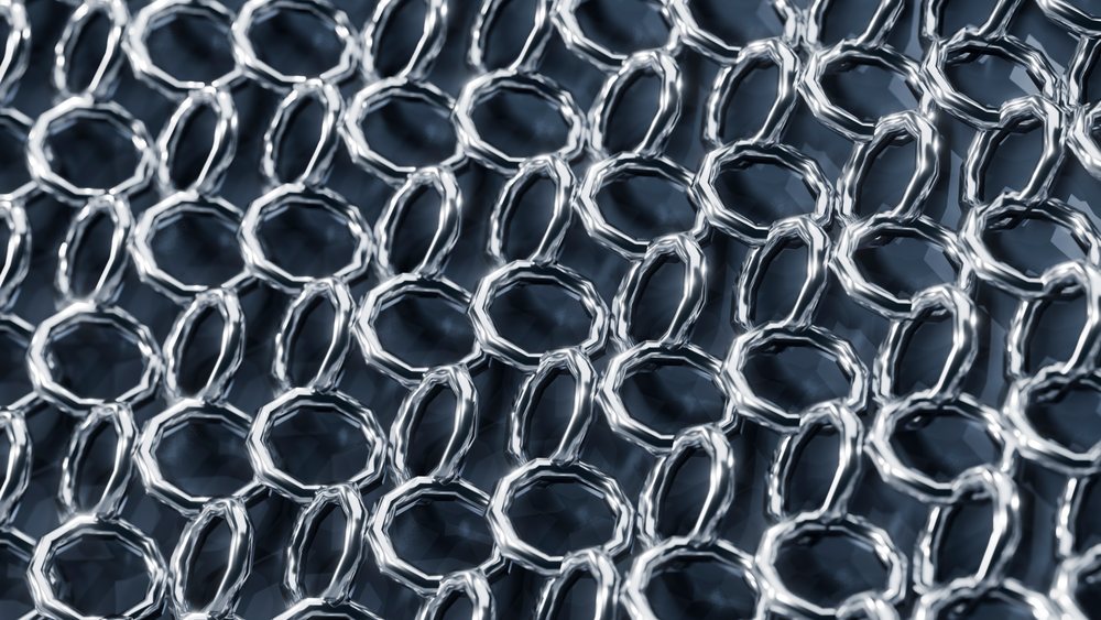 Close-up of interconnected metal rings forming a dense, repeating chainmail pattern with a metallic silver texture.