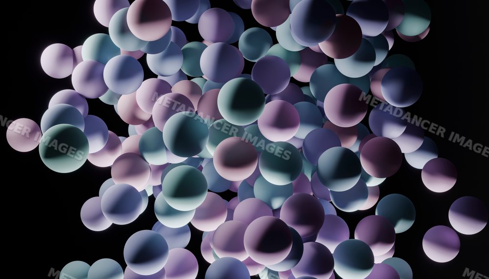3d rendering of colorful floating spheres on a dark background