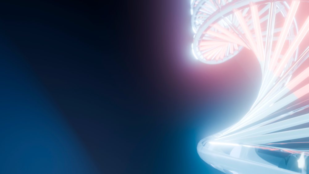 3D rendering of a DNA helix spiral structure glowing with pink and white lights against a dark blue background in a scientific illustration.