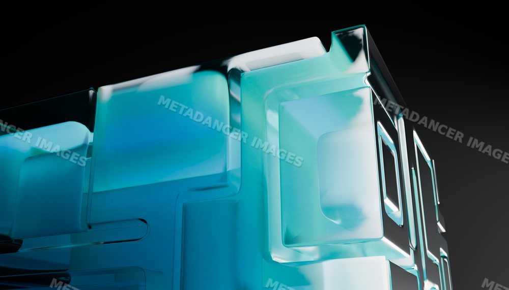 Close-up of a blue translucent glass cube with geometric shapes