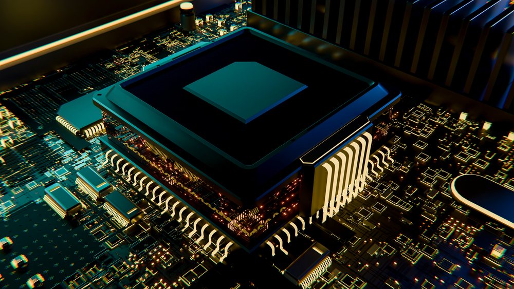 Close-up illustration of a microprocessor chip mounted on a circuit board showing intricate integrated circuitry and metal connectors.