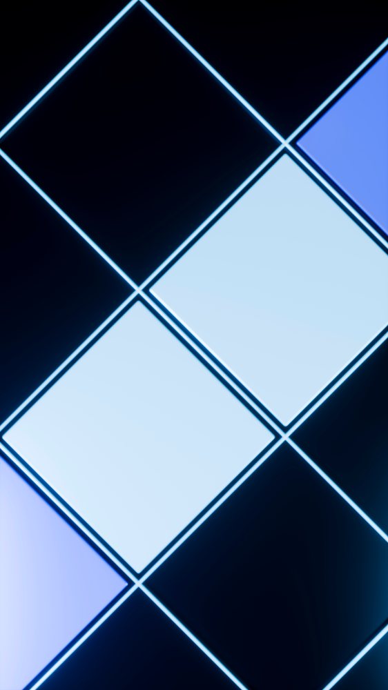 Blue square tiles with glowing neon outlines form a geometric grid pattern on a dark background in a digital abstract design.