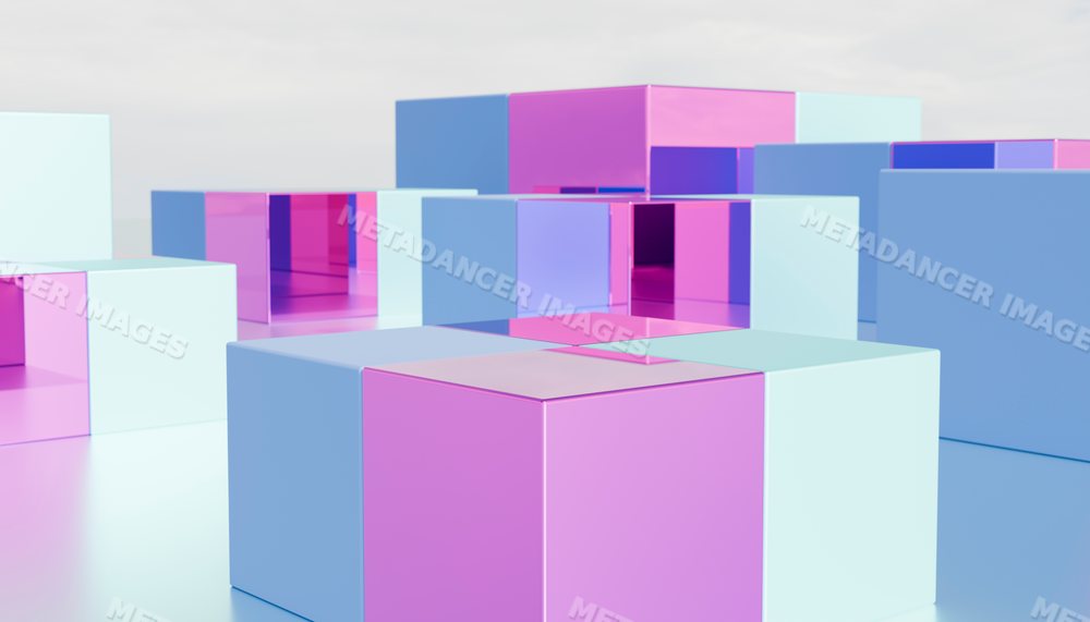 A minimalist arrangement of reflective purple and blue 3d cubes