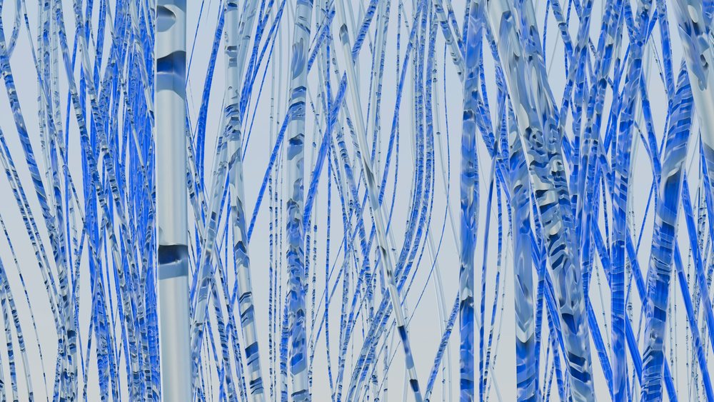 Glass rods with blue and transparent patterns create an abstract decorative texture in modern art.