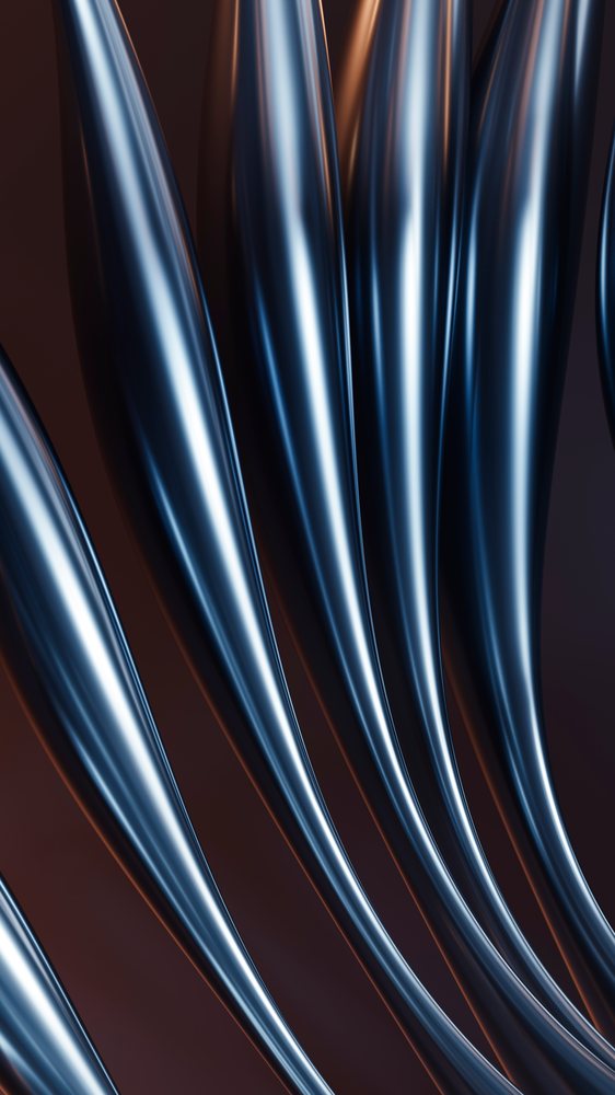Digital art featuring abstract curved metallic blue lines with reflective smooth surfaces on a dark background.
