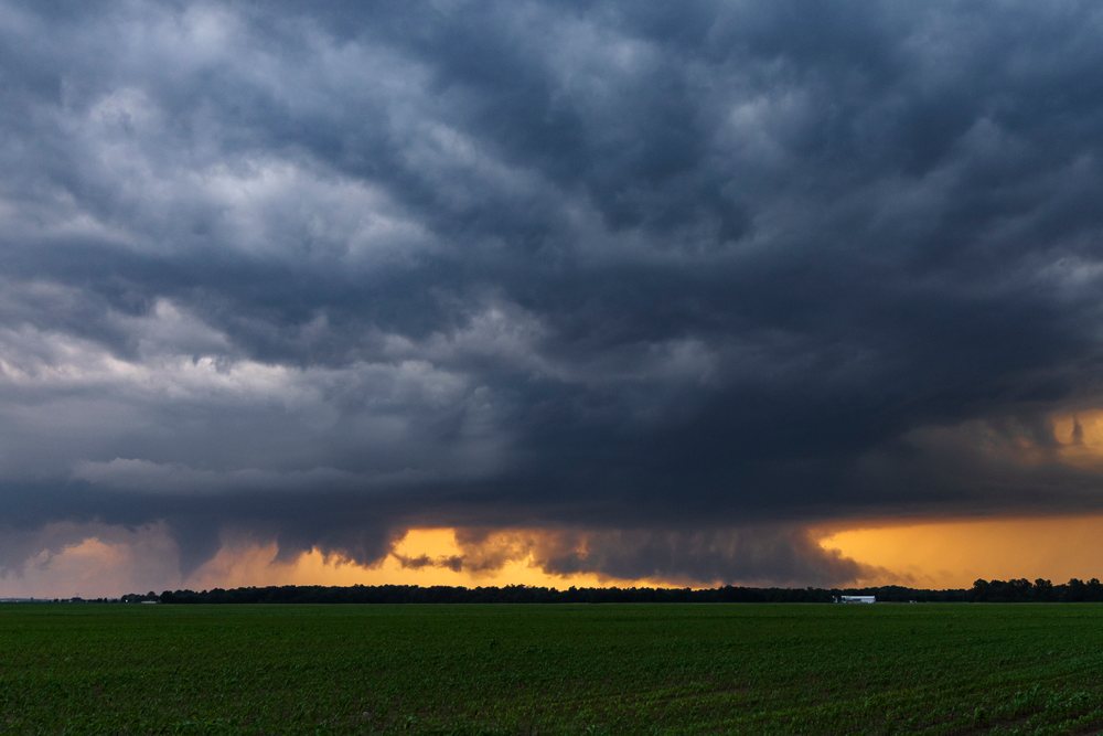 Tornado forms over green agricultural fields near Newton and Wheeler, Illinois under dark storm clouds at sunset, Weather, Environmental Issues, Storm Chasing, Between Newton & Wheeler, USA.