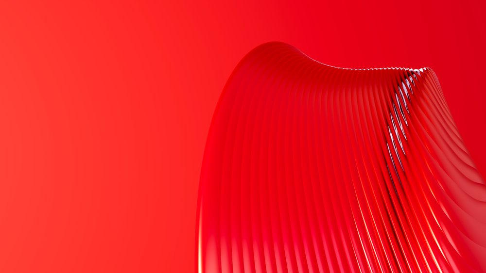 Abstract 3D red ridged curving shape with layered waves on an orange gradient background.