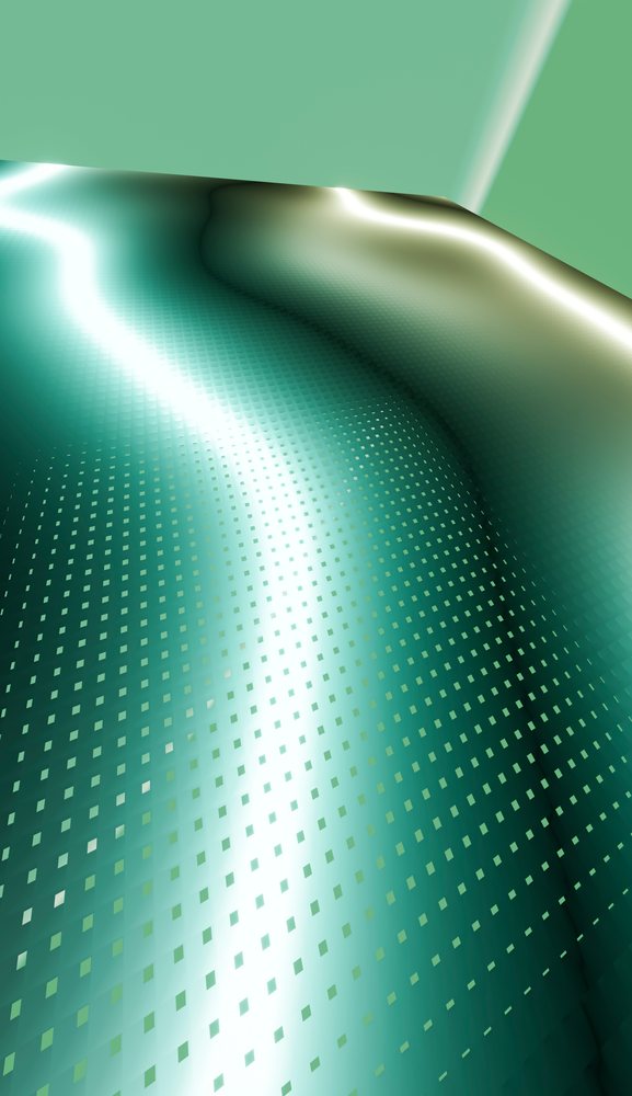Abstract digital 3D wavy surface with reflective green gradient and shiny square pattern.