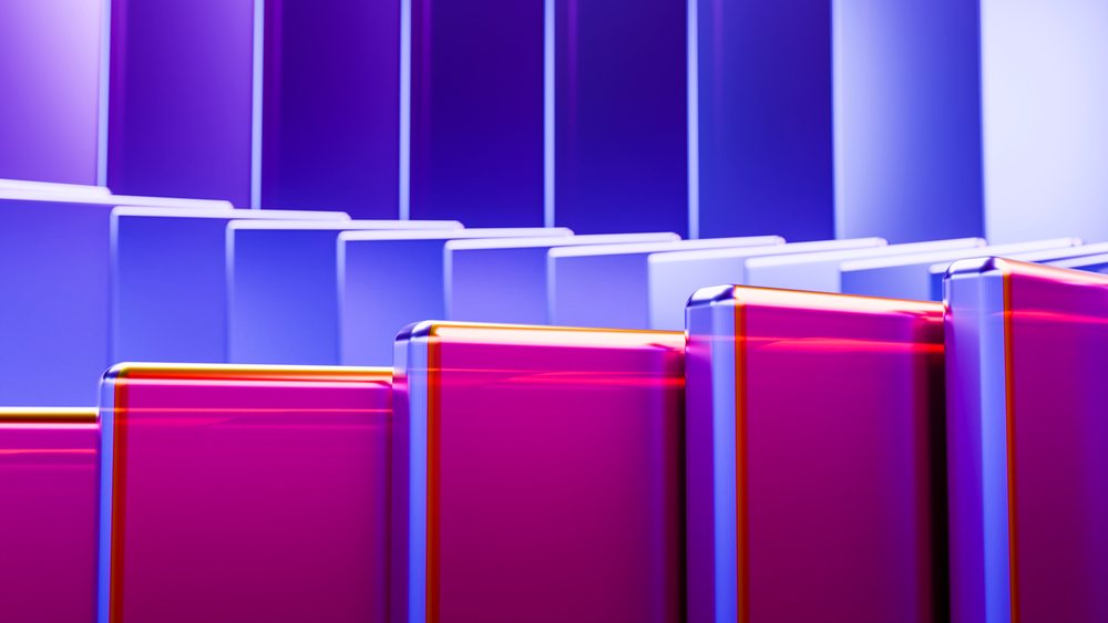 Digital illustration of stacked 3D geometric shapes with smooth rounded edges and translucent purple, pink, and blue layers creating a repetitive pattern.