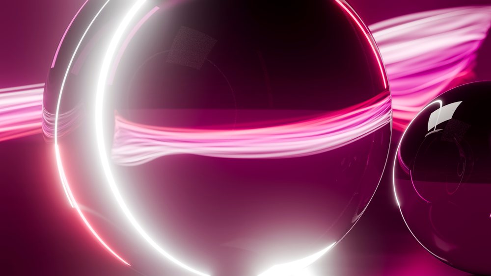 Large glossy spheres with glowing curved light streaks reflect on smooth surfaces in a purple and pink abstract digital composition.