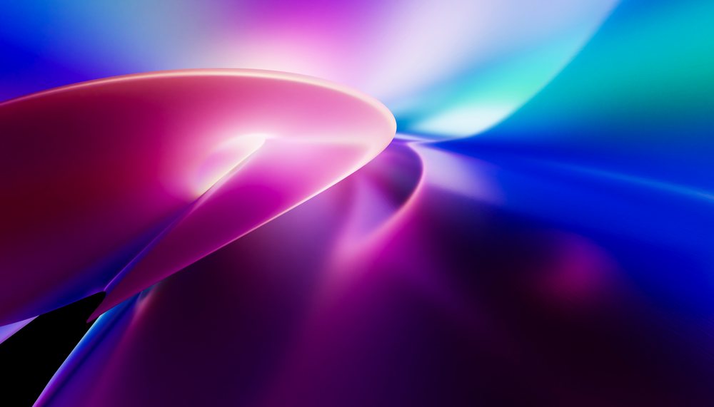 An abstract digital artwork showcasing flowing purple and blue light waves with smooth curved shapes and vibrant glow effects.