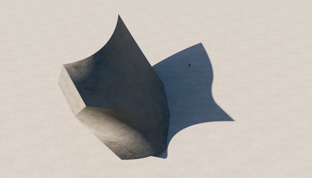 A large abstract concrete sculpture casts a curving shadow