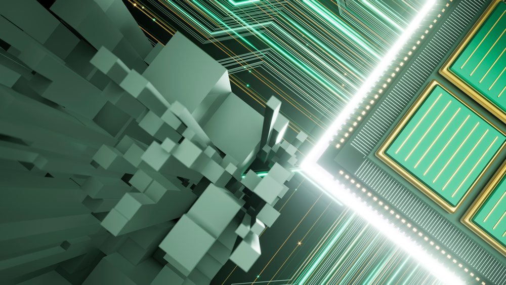 3D abstract digital composition of glowing green cubes with geometric shapes and light effects illustrating a futuristic technology concept.