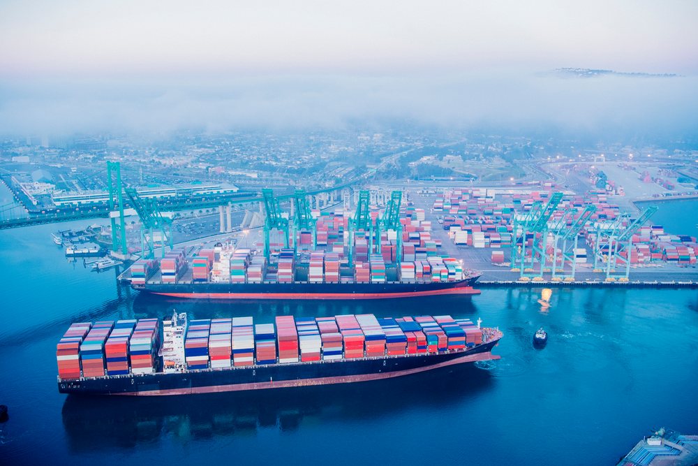 Two large container ships docked at the Port of Long Beach, surrounded by shipping containers and container cranes in the harbor area, CA, USA.