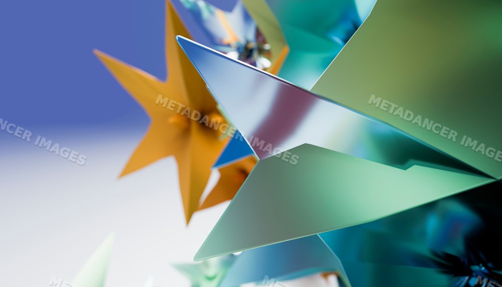Close-up rendering of colorful reflective metal star decorations