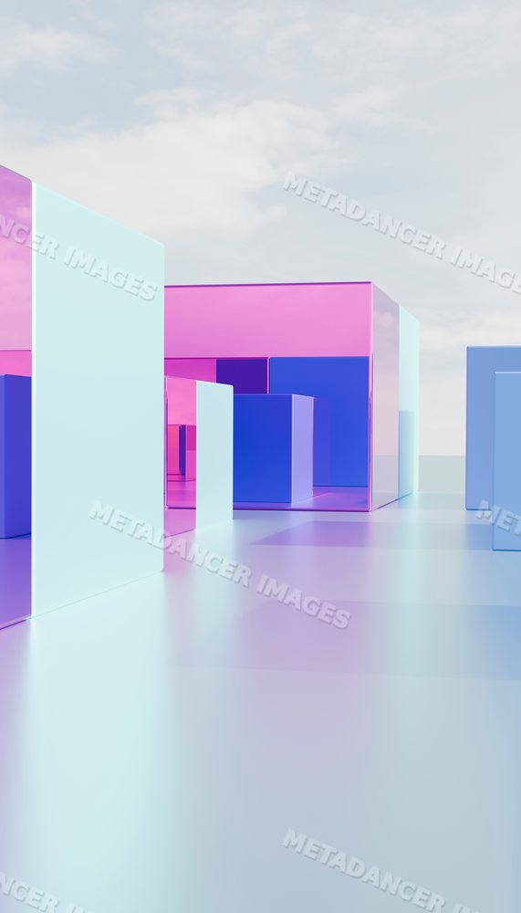Abstract modern architecture with reflective pastel-colored cubes
