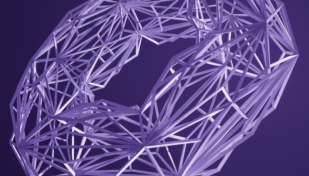 Purple 3D geometric lattice structure illustrating a complex interconnected network in a digital art render, abstract render background.