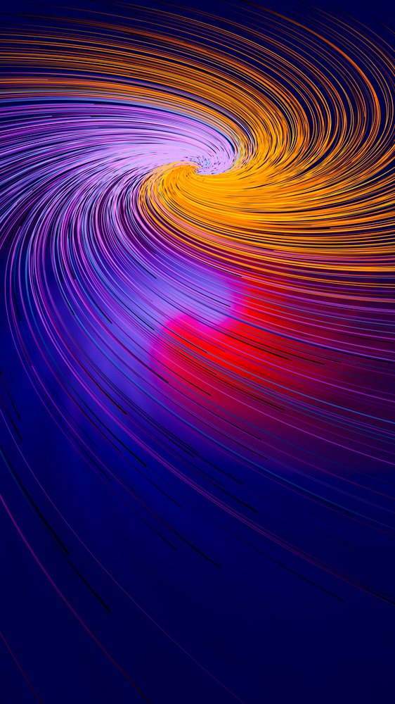 Digital abstract artwork showing swirling orange and purple lines with a red glow on a dark background.