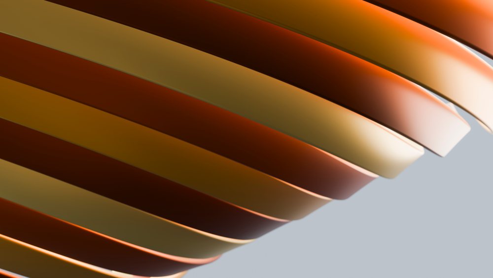 Illustration of an abstract pattern featuring curved orange and yellow stripes with a smooth gradient and striped surface.