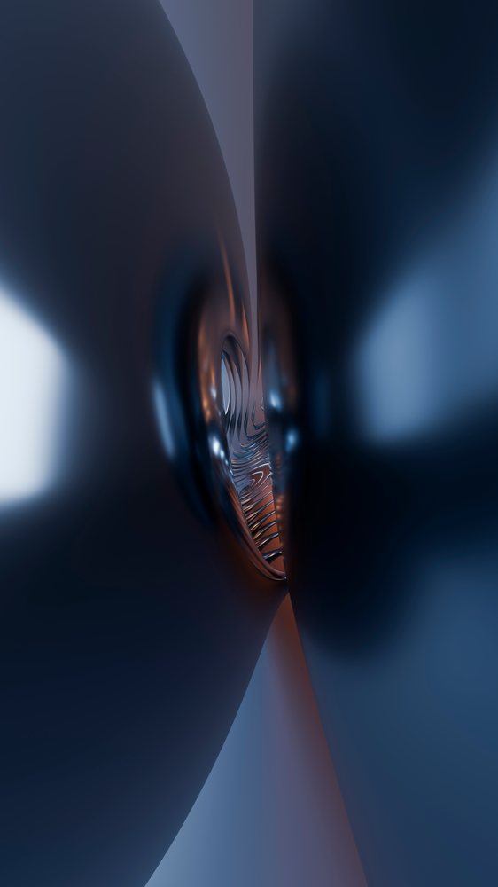 Abstract digital illustration showing twisted metallic curves with smooth blue and orange reflections.