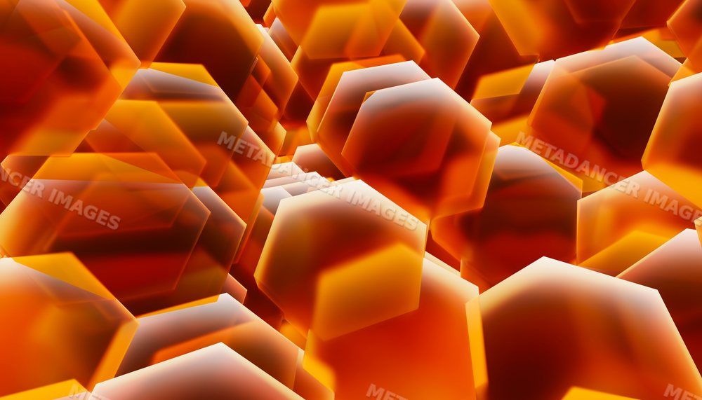 Abstract 3d rendering of glowing orange hexagonal shapes in pattern