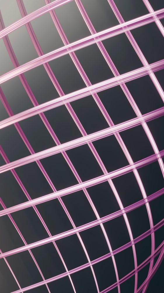 Glowing pink curved three-dimensional grid of intersecting lines forms a spherical wireframe on a dark background.