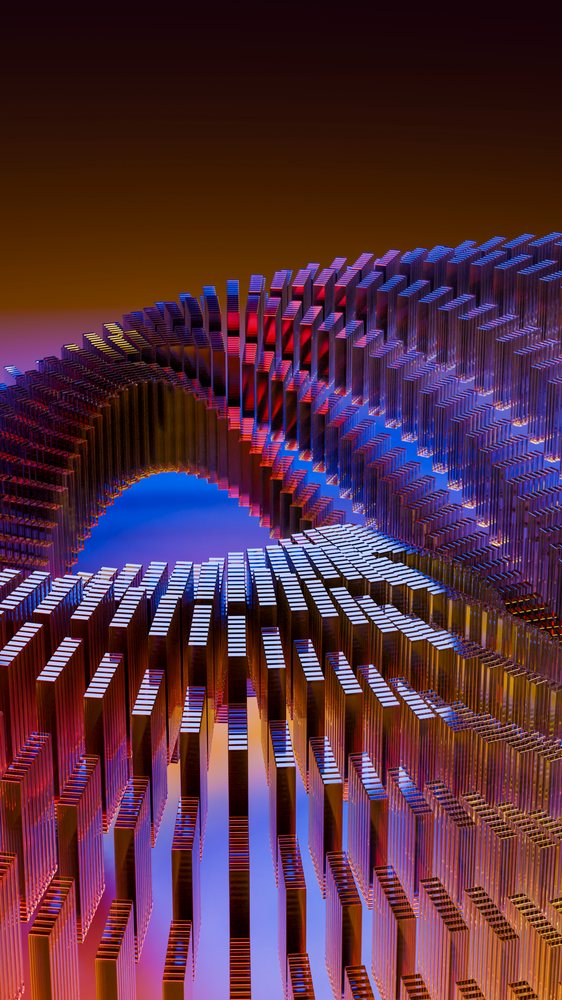 Digital illustration of an abstract curved structure made of translucent glass blocks.