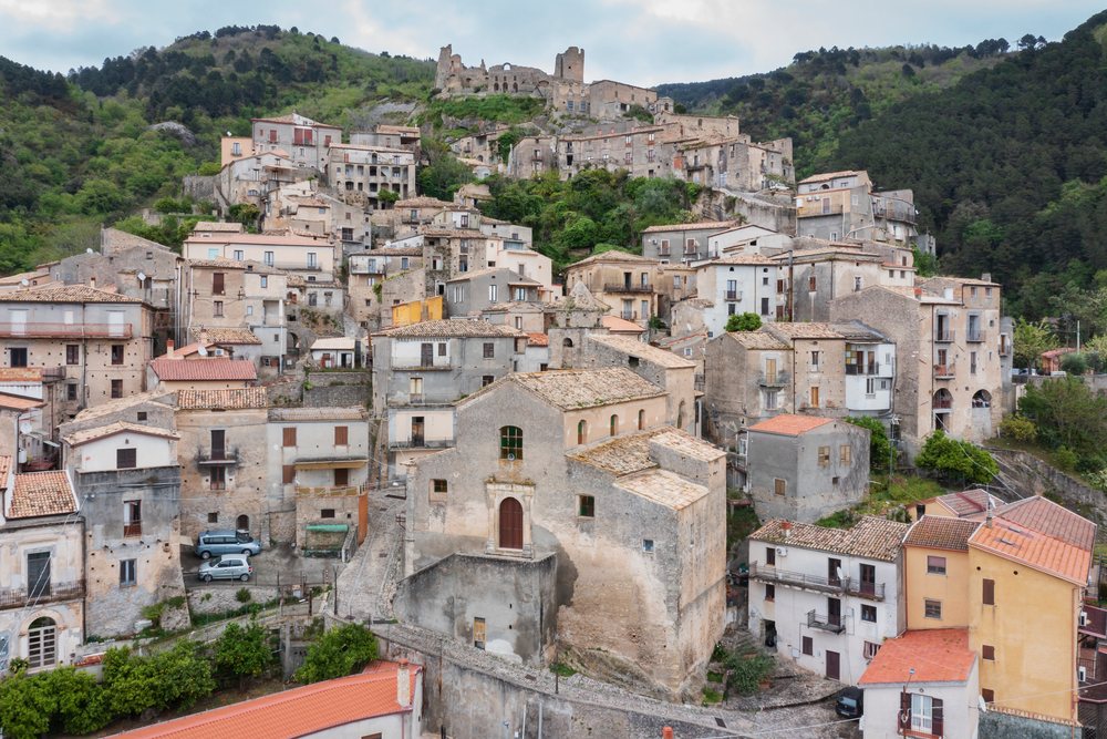 Aerial view of the hilltop town of Cleto, Calabria, Italy.
