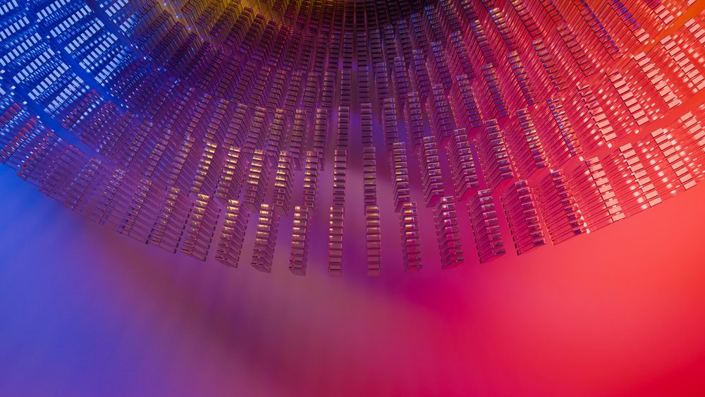 Abstract digital architecture featuring hanging panels with blue and red lighting in a modern conceptual art style.