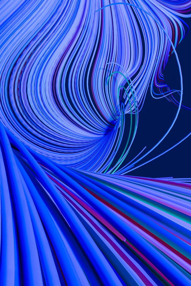 Digital abstract art showing flowing and swirling blue curved lines creating a dynamic motion effect on a dark background.