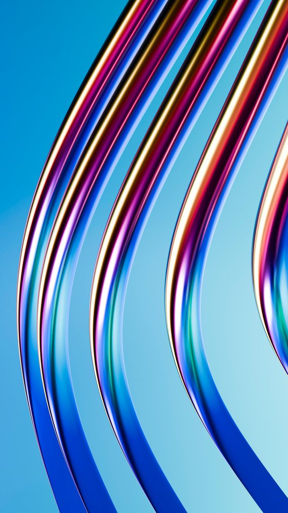 Colorful curved glass-like abstract tubes with shiny reflections on a blue background illustration.