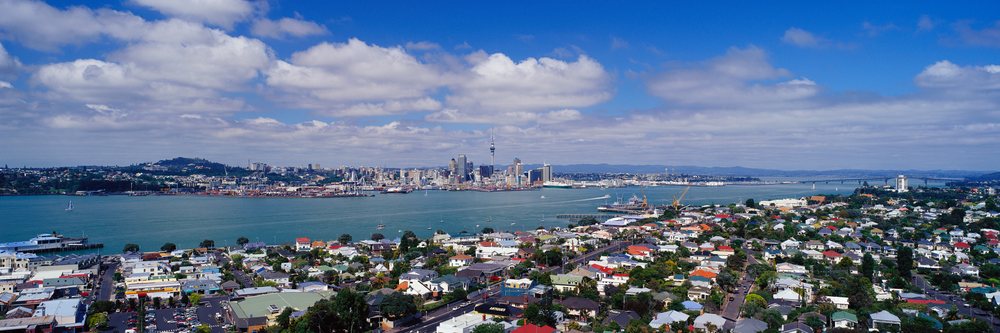 Urban Auckland cityscape with waterfront, boats, and residential houses viewed from Mount Victoria under a cloudy blue sky, New Zealand As Seen From Mount Victoria.