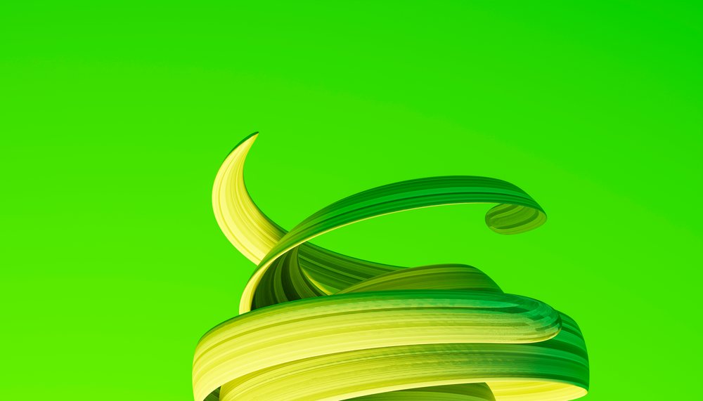 Abstract sculpture of twisted and curved green and yellow ribbons on a bright green background.