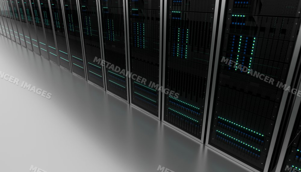 A row of server racks with status lights in a modern data center