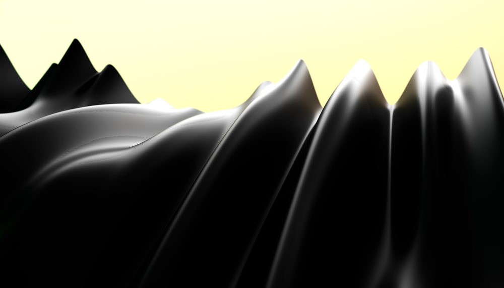 Black abstract peaks with smooth, shiny surfaces and flowing shapes against a yellow gradient background.