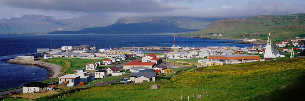 Coastal town with harbor and mountains.