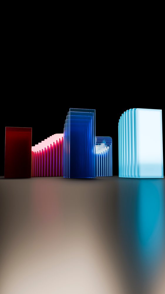 Abstract glowing geometric shapes in vibrant blue and red reflected on a surface against a black background in a digital illustration.