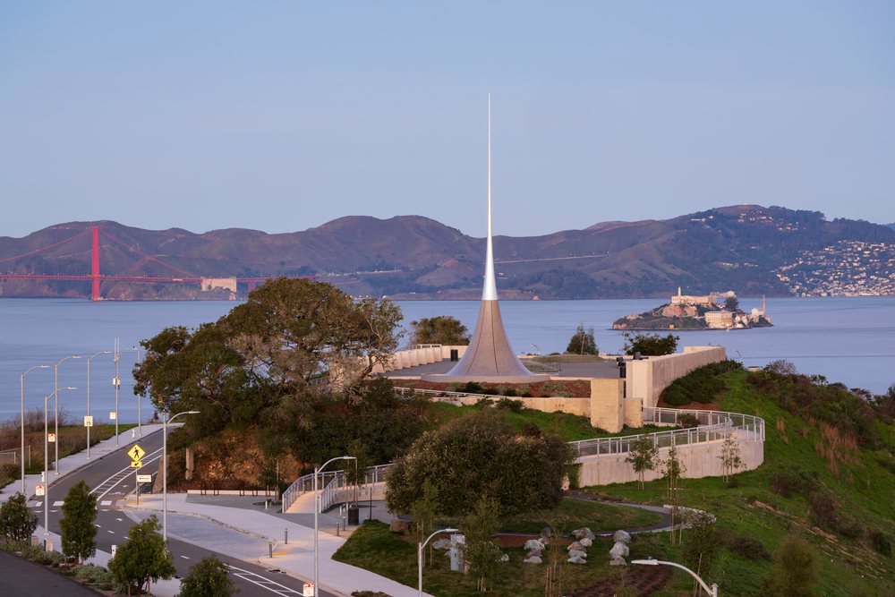 Point of Infinity observation tower on a hill overlooking Alcatraz Island and the Marin Headlands across San Francisco Bay, City, Cityscapes, City Life, California, USA.