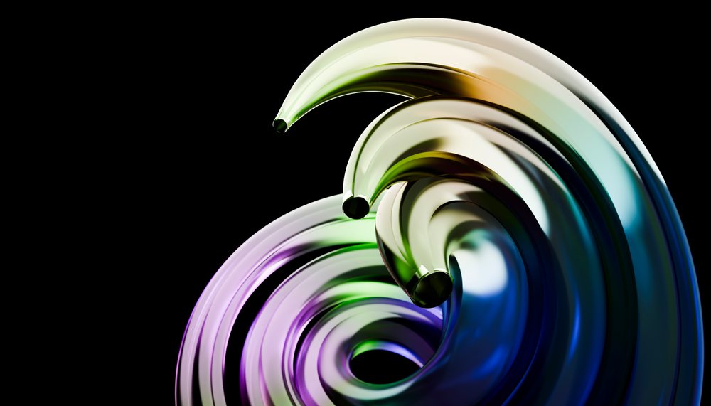 Colorful abstract glass sculpture composed of curved tubes with reflective multicolor surfaces on a black background.