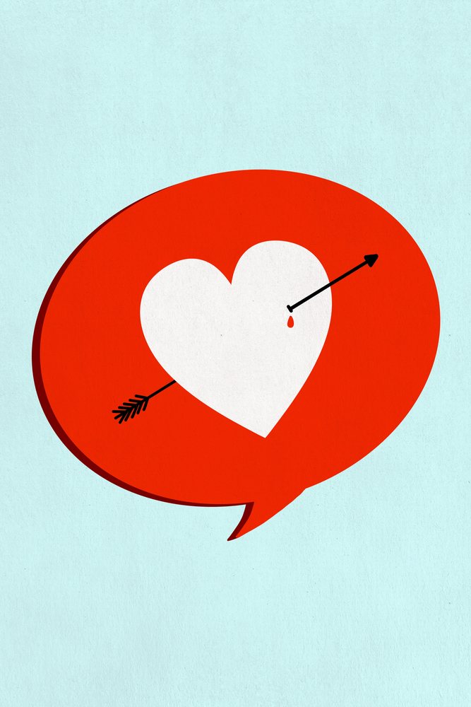 Illustration showing a white heart pierced by an arrow with a drop of blood inside a red speech bubble on a light blue background.