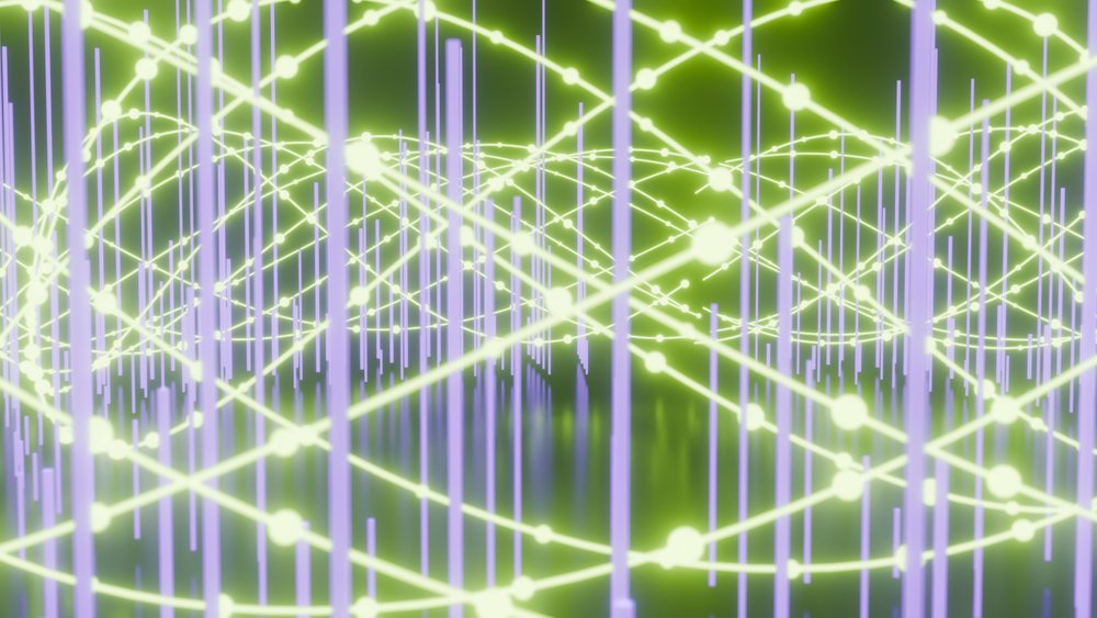 Abstract digital 3D grid with green and blue glowing network nodes and connections representing technology concepts.