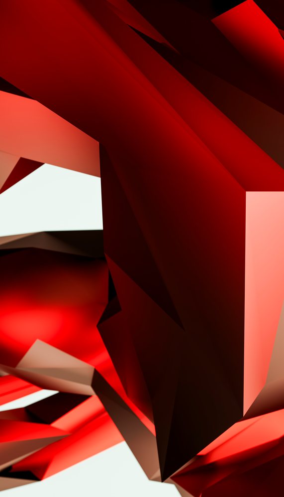 Abstract composition of red geometric polygonal shapes with angular facets and gradient lighting.