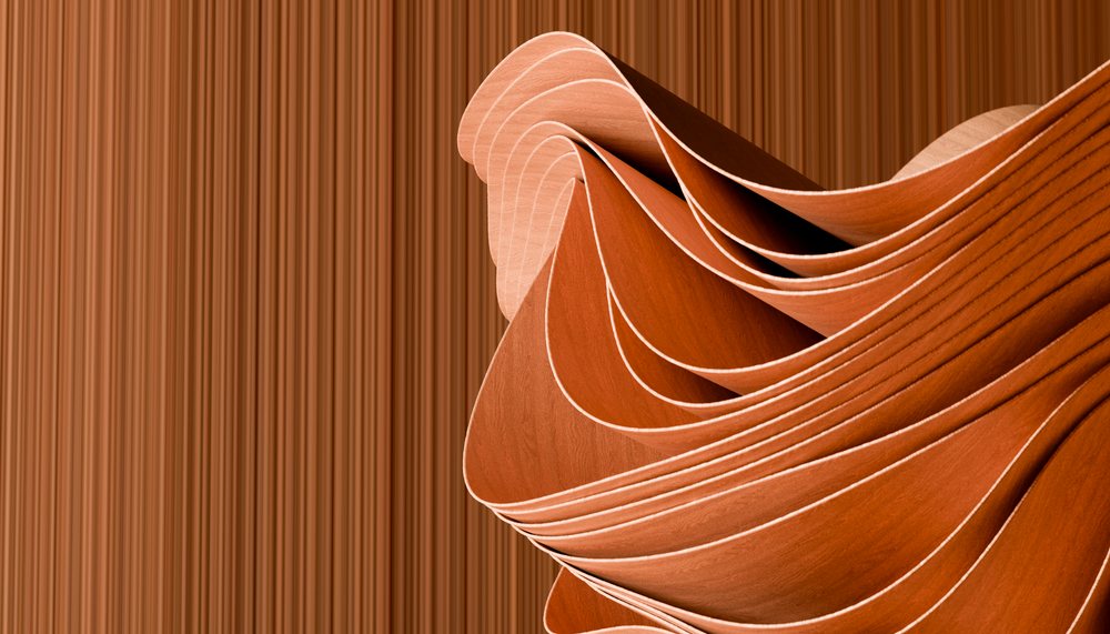 Stacked, curved thin wood sheets displaying natural wood grain and texture in close-up detail.