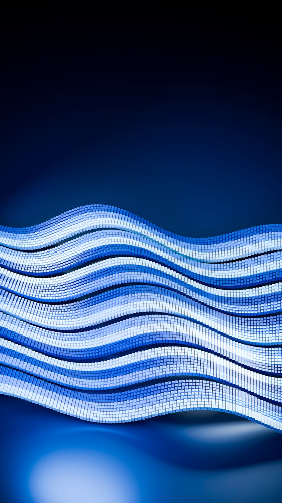 Blue digital abstract waves made of layered rectangular blocks flow over a dark background in a 3D digital illustration.